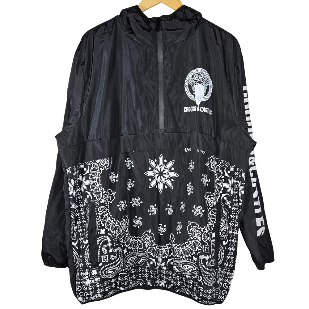 Crooks & Castles Mens XL Black Bandana Print Medusa 1/4 Zip Windbreaker Jacket